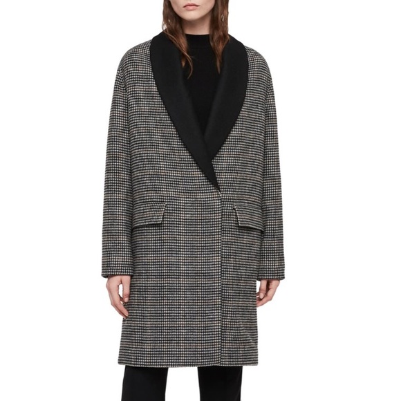 new Allsaints โค๏ธ Paige Wool Coat โค๏ธ Houndstooth Plaid โค๏ธ Black Brown Check - Picture 13 of 15